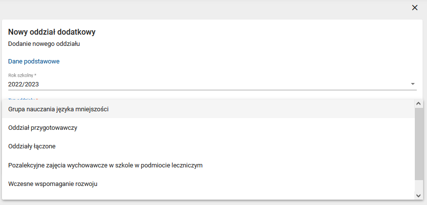 Widok na typy oddziałów do wyboru