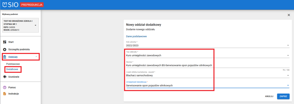 Widok rejestracji oddziału dodatkowego Kurs umiejętności zawodowych z widocznym przyciskiem zapisz