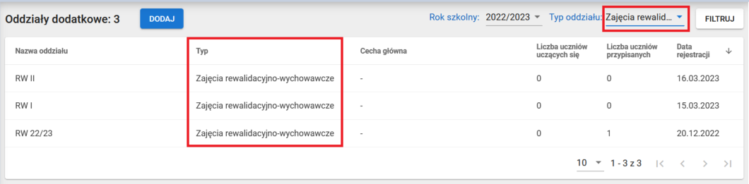 Widok z zaznaczonym typem oddziału