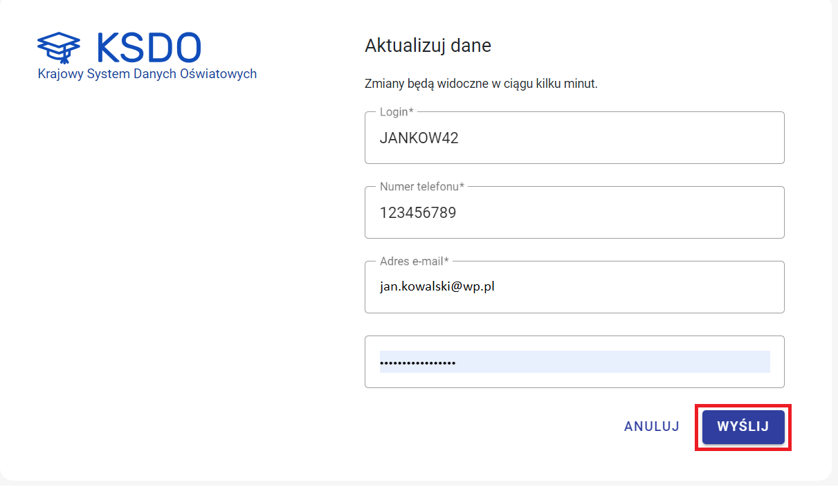 okno aktualizacji danych