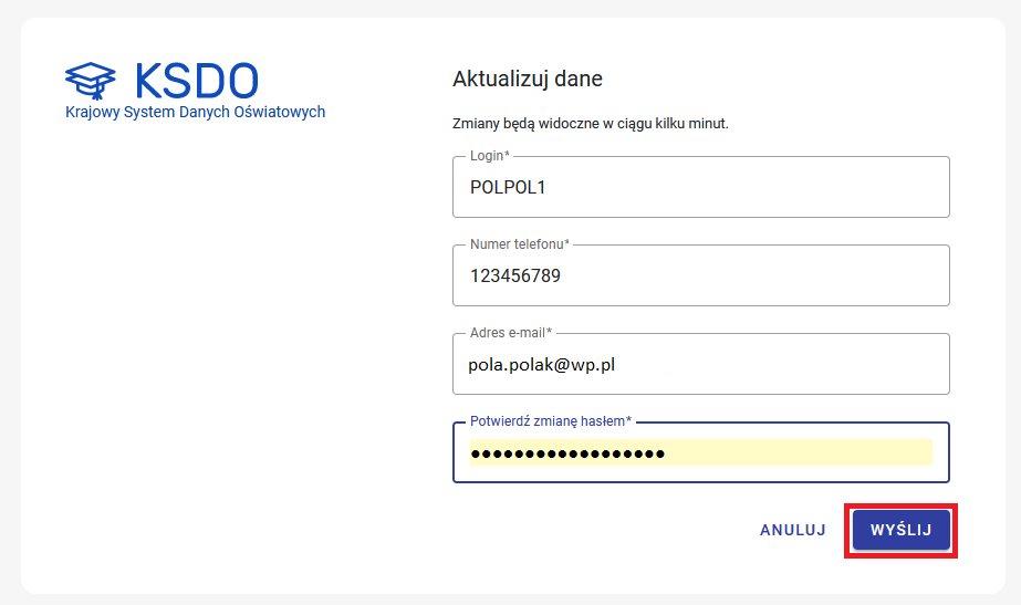 okno aktualizacji danych 