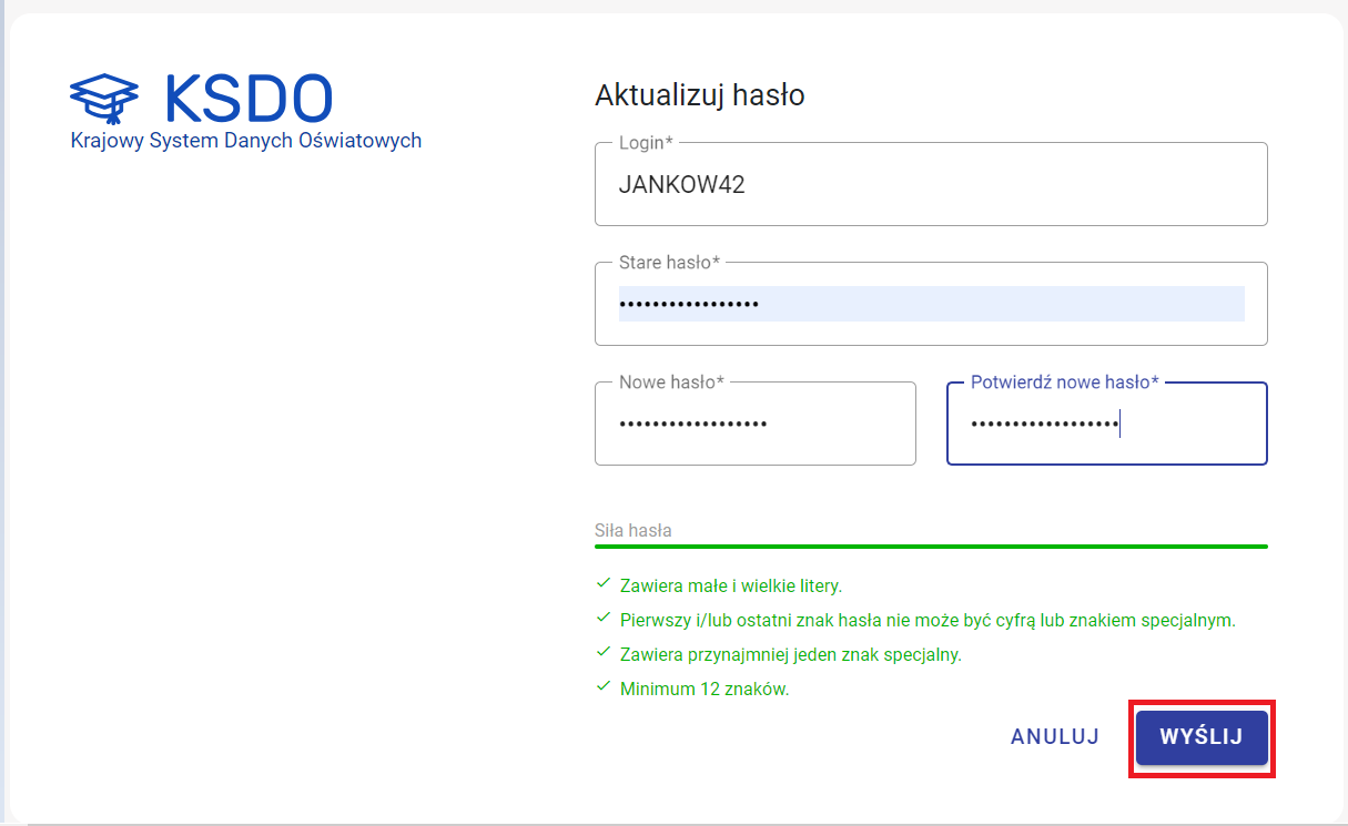 okno formularza zmiany hasła