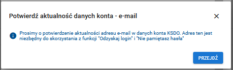 Okno Potwierdź aktualność danych konta - e-mail 