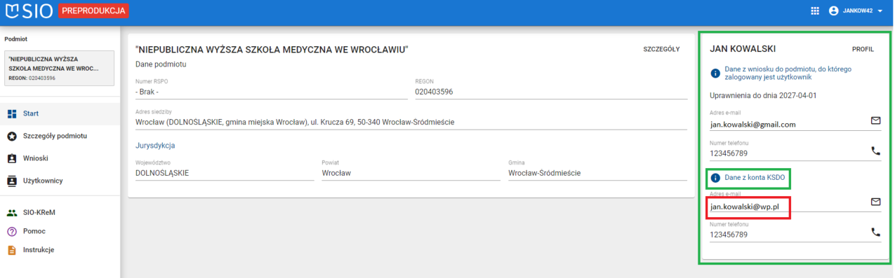 okno profilu użytkownika z zaznaczonym adresem 