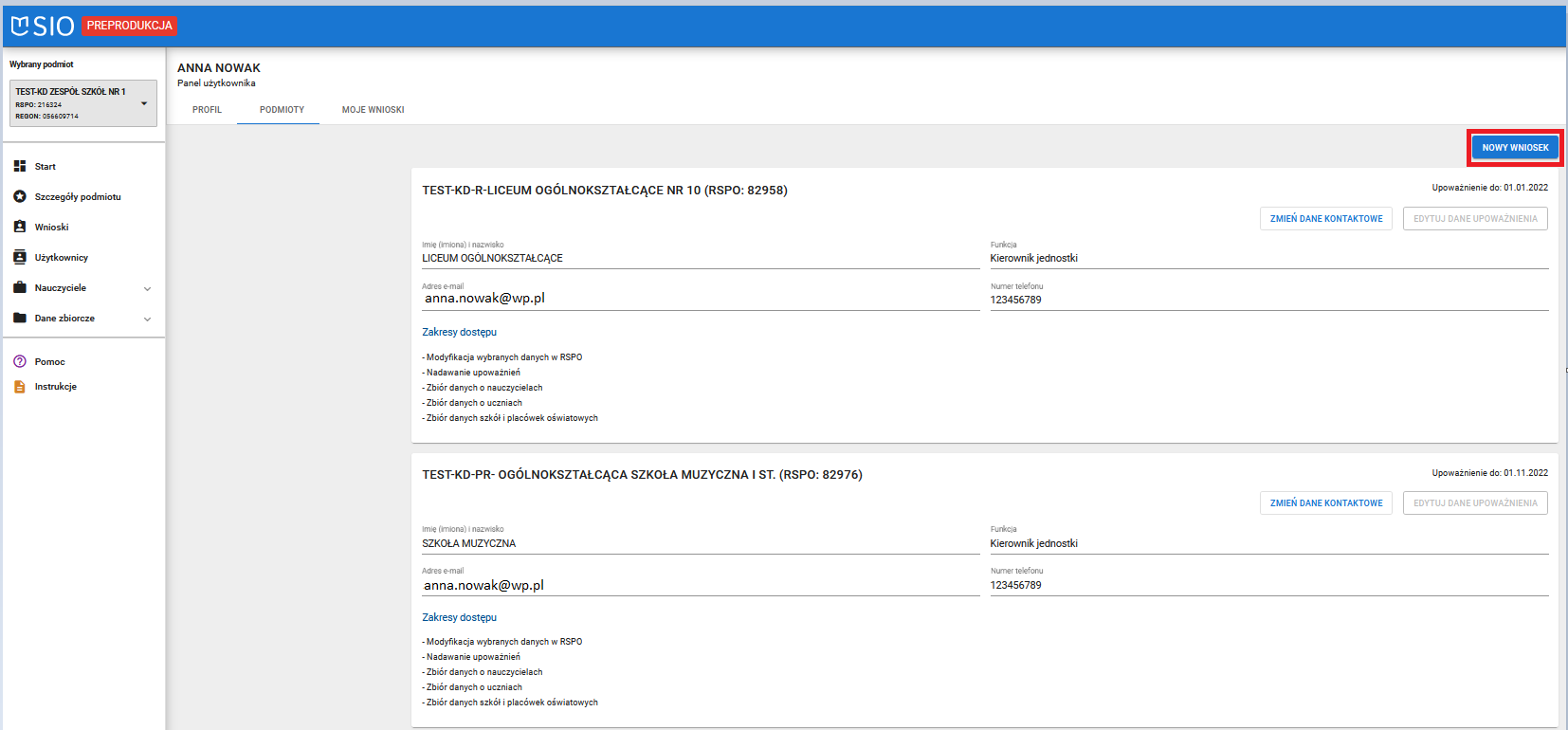 okno z możliwością złożenia nowego wniosku