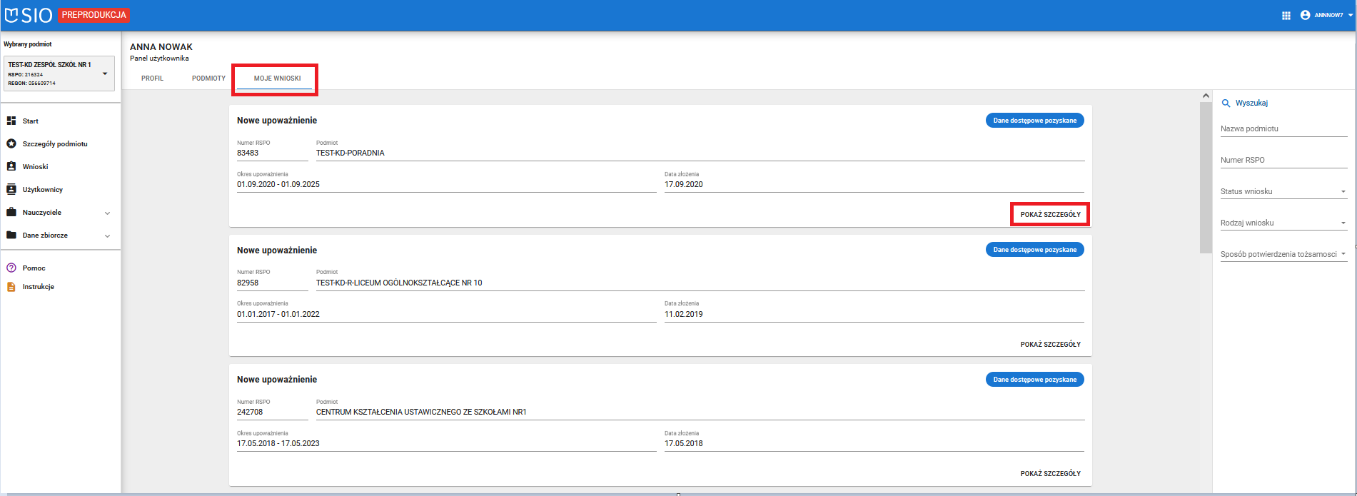 okno z widokiem listy wniosków użytkownika
