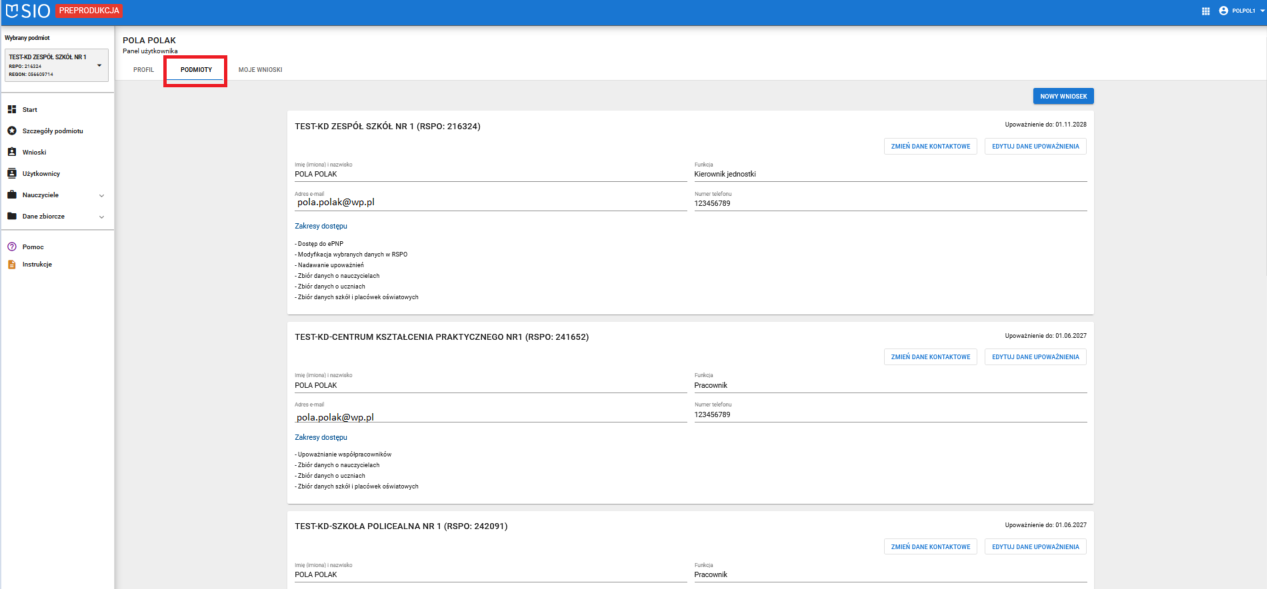 okno z widokiem podmiotów do których użytkownik ma upoważnienie