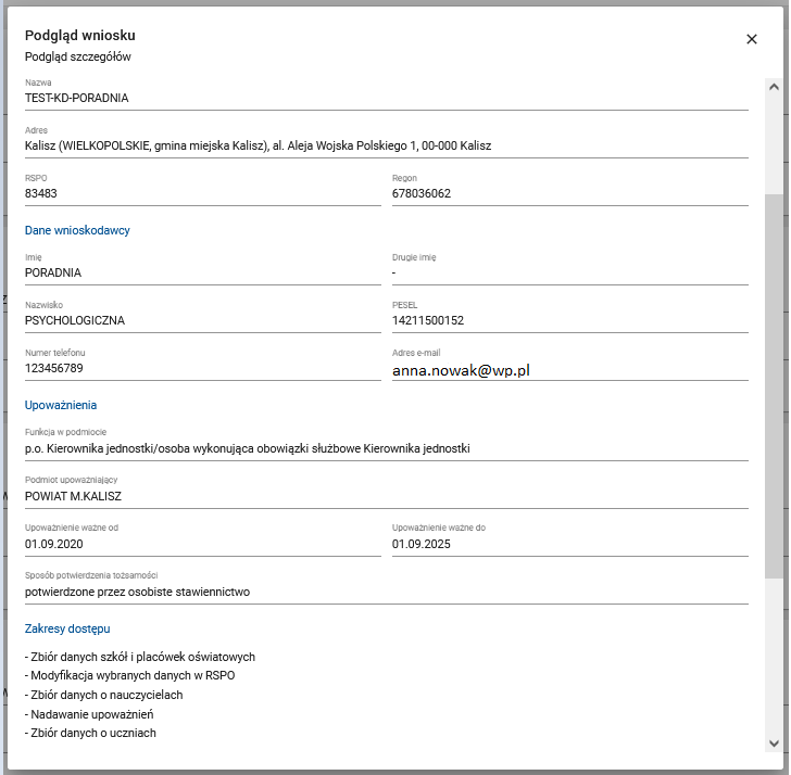 okno z widokiem szczegółów wniosku