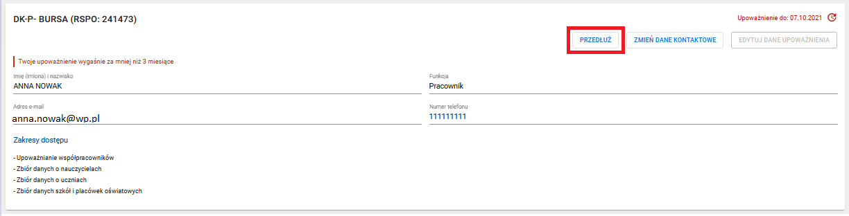 okno z zaznaczoną możliwością przedłużenia upoważnienia