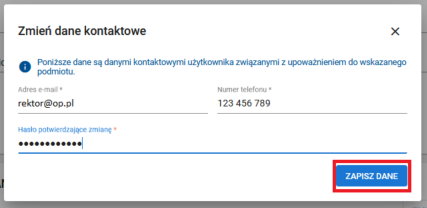 okno zmiany danych kontaktowanych
