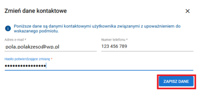 okno zmiany danych kontaktowych z zaznaczonym przyciskiem zapisz dane
