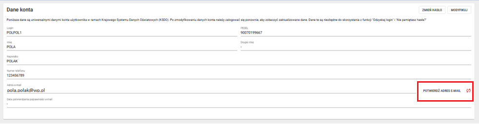 widok na dane z profilu 