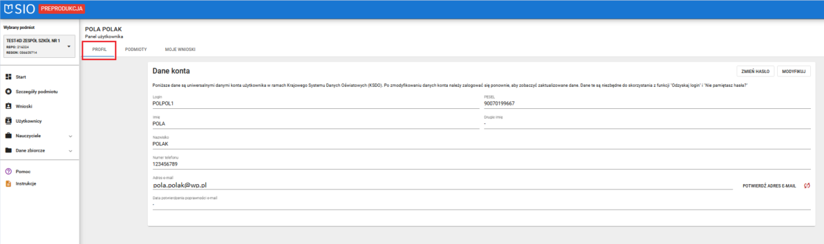 widok na zaznaczoną zakładkę PROFIL