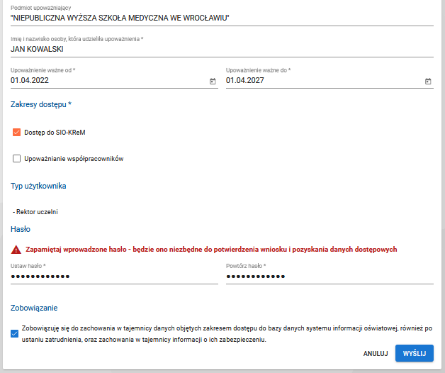 druga część formularza składania wniosku
