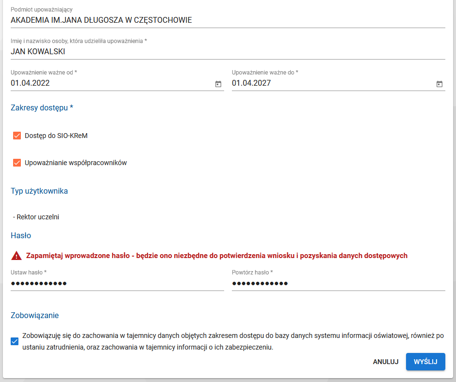 druga część formularza składania wniosku