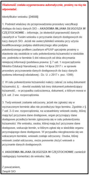 e-mail po akceptacji formalnej wniosku