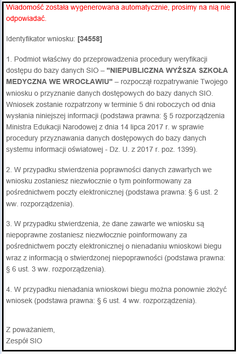 e-mali z informacja o rozpoczęciu rozpatrywania wniosku