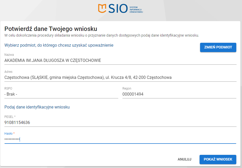formularz potwierdzenia danych wniosku