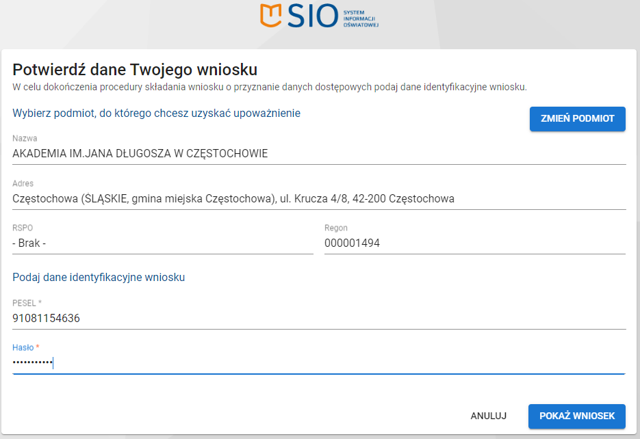 formularz potwierdzenia danych wniosku