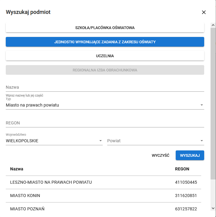formularz wyboru podmiotu z polami do uzupełnienia