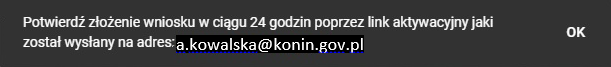 komunikat potwierdzający przesłanie linku na podany adres