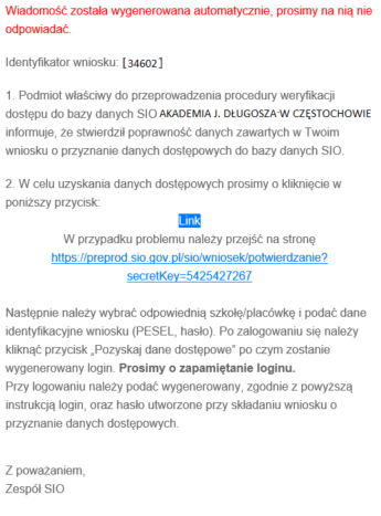 mail z aktywnym linkiem do pobrania danych dostępowych