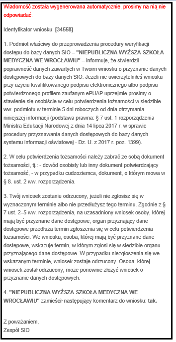 mail z informacja o stwierdzeniu poprawności złożonego wniosku