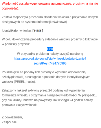 mail z linkiem do potwierdzenia złożenia wniosku