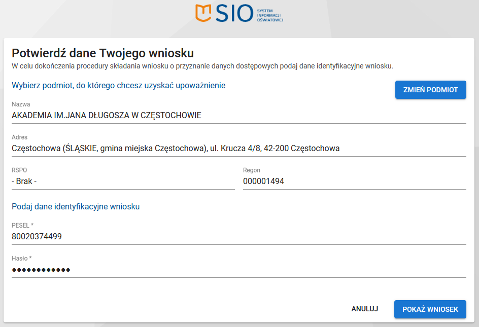 okno do potwierdzania danych wniosku