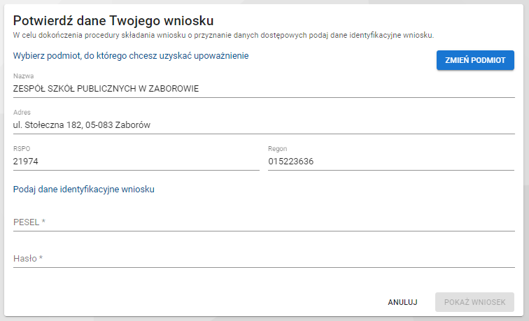 Okno potwierdzenia danych wniosku