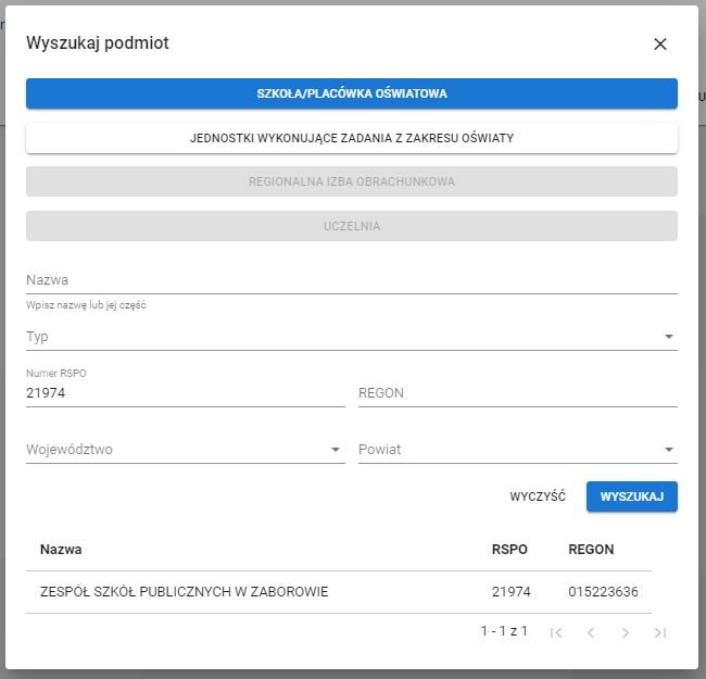 okno wyszukaj podmiot