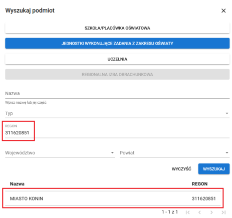 okno wyszukania podmiotu 