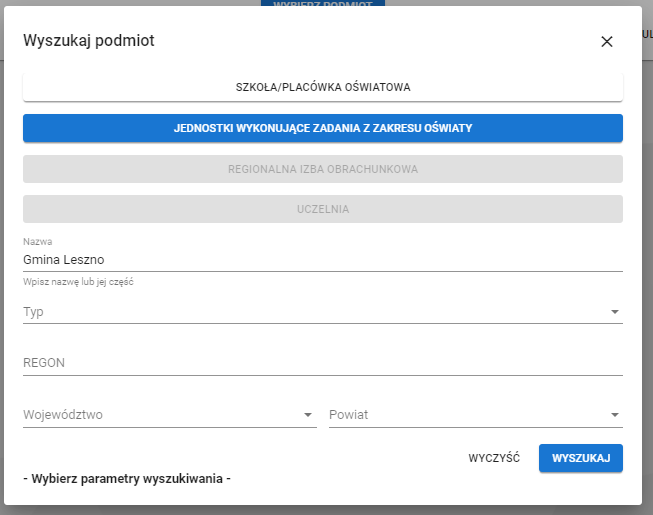 Okno wyszukiwania jednostki dla którego ma zostać złożony wniosek z widokiem na pola do uzupełnienia
