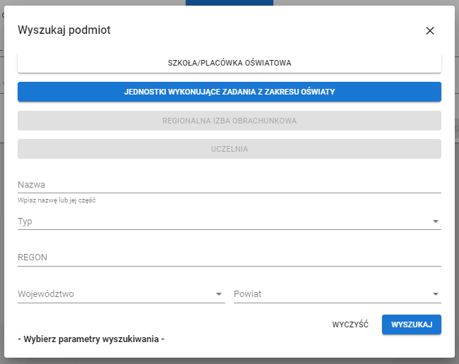 Okno wyszukiwania jednostki dla której ma zostać złożony wniosek z widokiem na pola do uzupełnienia