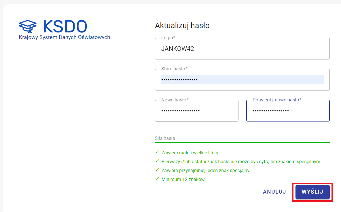 okno z aktualizacji hasła z zaznaczonym przyciskiem wyślij