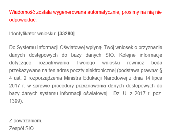 okno z automatyczną odpowiedzią potwierdzająco przyjęcia wniosku 