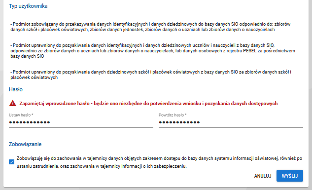 Okno z polami do wypełnienia przez wnioskującego o dostęp do SIO cz.2