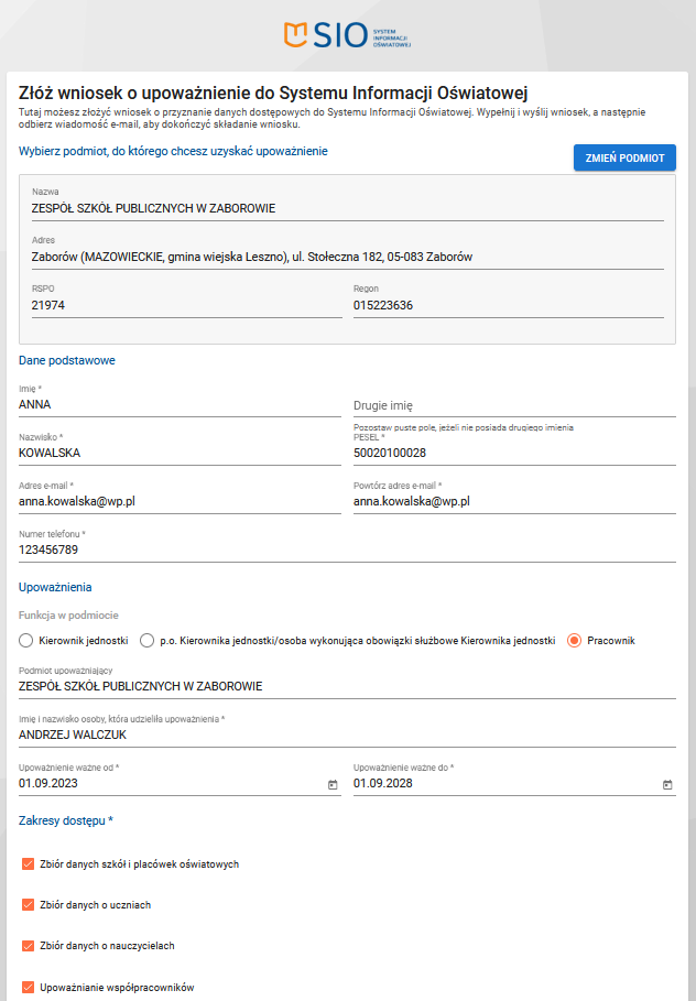 Okno z polami do wypełnienia przez wnioskującego o dostęp do SIO