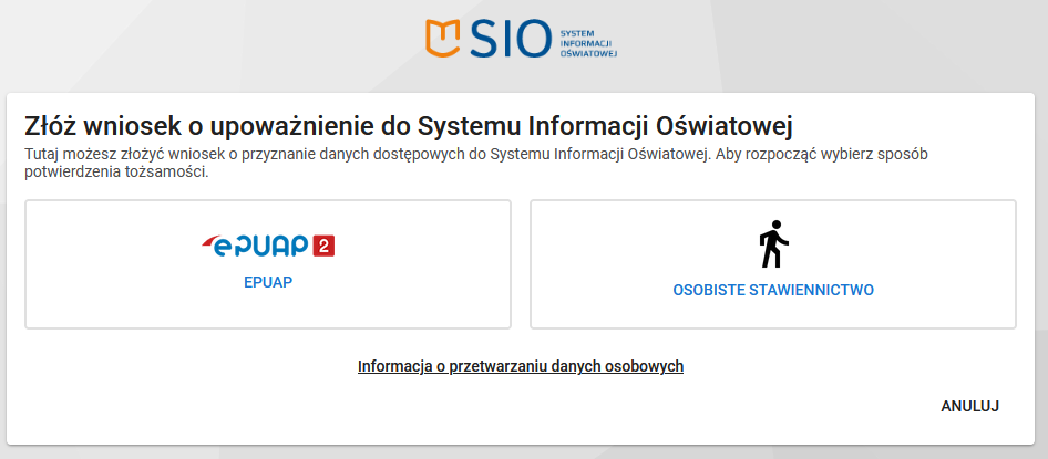 Okno z widokiem na dwie opcje potwierdzania tożsamości - ePUAP i osobiste stawiennictwo