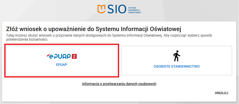 Okno z widokiem na dwie opcje potwierdzania tożsamości - ePUAP i osobiste stawiennictwo z zaznaczeniem e-PUAP