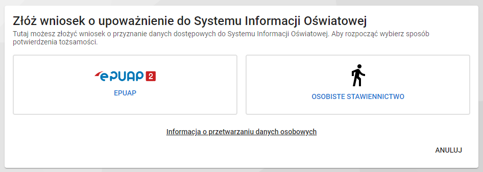 Okno z widokiem na dwie opcje potwierdzania tożsamości - ePUAP i osobiste stawiennictwo