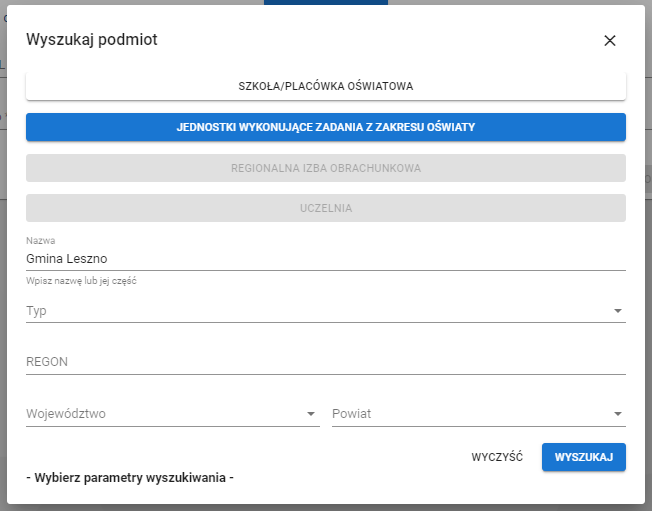 Okno z widokiem na formularz po kliknięciu w link z polami do wypełnienia - wyszukaj podmiot