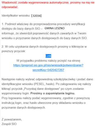 Okno z widokiem na treść wiadomości po akceptacji wniosku z informacją z linkiem do pobrania danych dostępowych