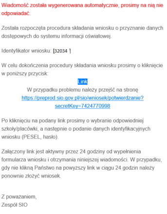 Okno z widokiem na treść wiadomości przychodzącej na e-mail osoby składającej wniosek o upoważnienia z informacją o rozpoczęciu procedury składania wniosku i aktywnym linkiem do potwierdzenia złożenia wniosku