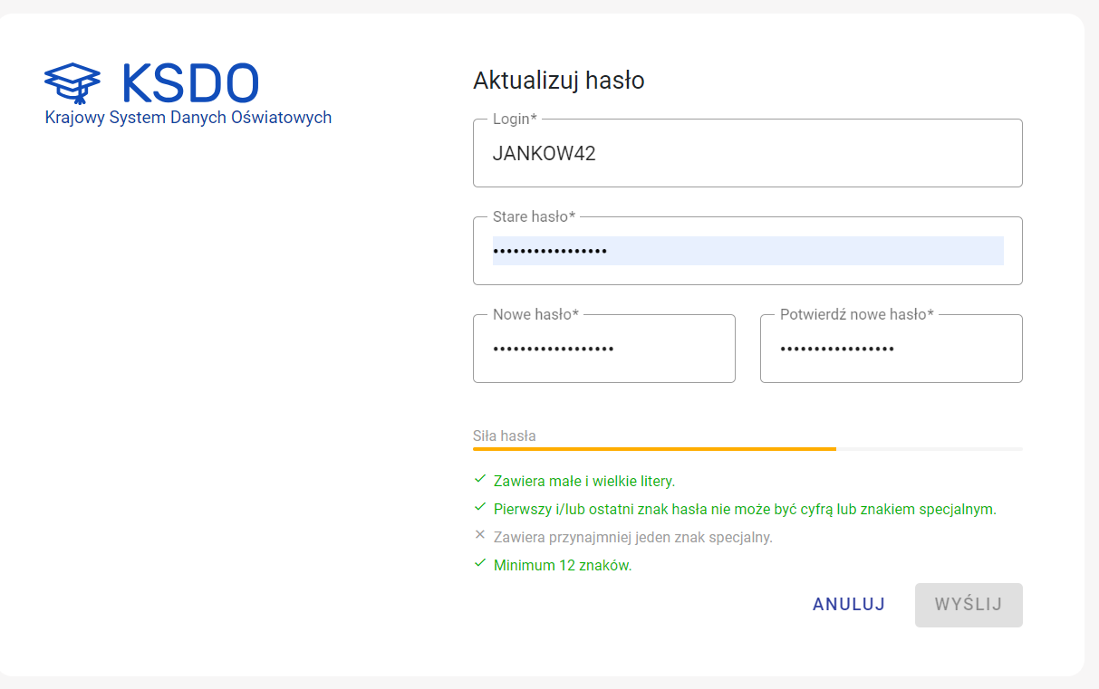 okno z widokiem na wiersze Aktualizuj hasło
