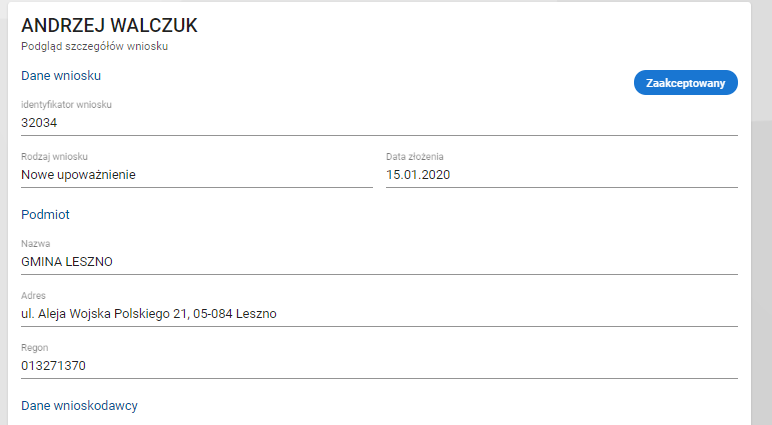 okno z widokiem szczegółów wniosku