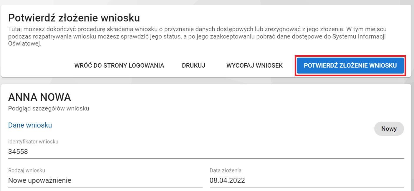 okno z zaznaczoną opcją potwierdzenia złożenia wniosku