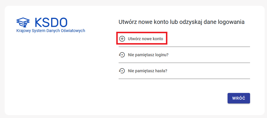 okno z zaznaczona opcją „Utwórz nowe konto”