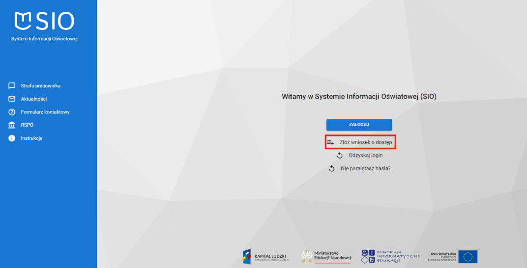 okno z zaznaczoną opcją Złóż wniosek o dostęp
