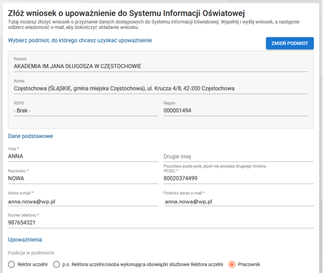 okno złożenia wniosku do systemie